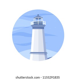 Vector cartoon flat lighthouse Searchlight towers for maritime navigational guidance in the circle on the white background