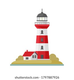 Faro plano de dibujos animados. Torre de foco de búsqueda para orientación marítima. Ilustración del vector