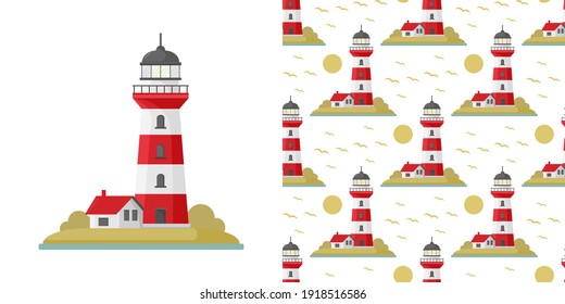 Vector cartoon flat lighthouse. Searchlight tower for maritime navigational guidance. Vector sea pattern with lighthouse