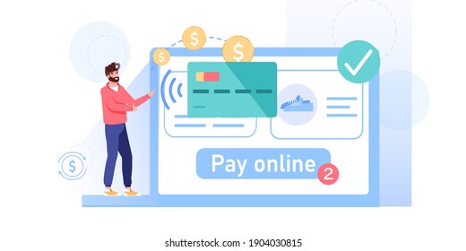 Vector Cartoon Flat Man Character Transfer Money Online Buy Goods. Happy Customer Send Funds,make Pay With Credit Card On Mobile App Screen-online Payment,web Site Banner Ad,social Media Concept