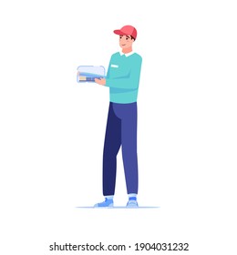 Vector cartoon flat man character carry online order buys.Food delivery service person courier delivers ordered sushi to customer-online shop,web site banner ad concept