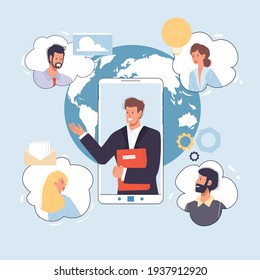 Caricatura vectorial charla en línea con compañeros de trabajo.Los jóvenes chatean, discuten negocios, realizan tareas en aplicaciones de mensajería de forma independiente, trabajo a distancia, comunicación, concepto de medios sociales