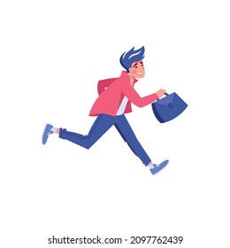 Caricatura vectorial personaje de hombre llano corre con prisa, empresario en la escena laboral sobre planificación de negocios de fondo vacío, concepto efectivo de flujo de trabajo profesional y gestión del tiempo, banner y diseño de sitios web
