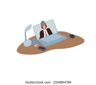 Vector cartoon flat man character on laptop screen,boss or coach uses online video calls app-distance learning and business meeting,video conference apps using concept,web site ad banner design