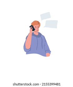 Caricatura vectorial personaje de hombre plano con globos de texto de mensajes charlas alegres usando emociones positivas de smartphones, amistad, relaciones, concepto de medios sociales, banner de sitio web y diseño