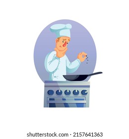 Caricatura vectorial Caricatura de hombre plano chef en la cocina, adición de especias a la comida en la industria de la cocina comedor interior, concepto de flujo de trabajo de cocina de comida profesional, banner de sitio web y diseño