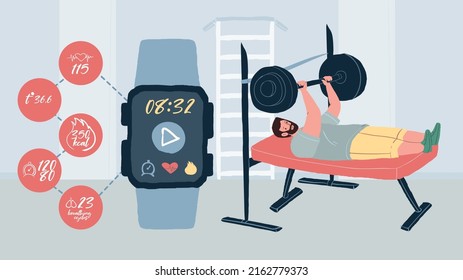 Vector cartoon flat man character doing bench press,smart watch mobile sports app for training plan,data collection,timing,calorie counting-sporty mobile apps use concept,web site ad banner design