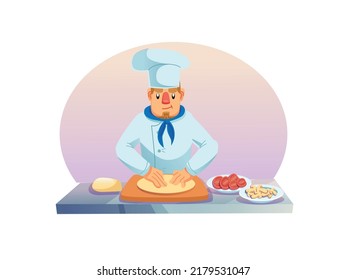 Vektorcartoon flacher Mensch-Charakter-Chef kocht Gericht, Vorbereitung Teig für Backküchen Industrie Restaurant Küche Inneneinrichtung, professioneller Koch-Workflow-Konzept, Website-Banner und Design