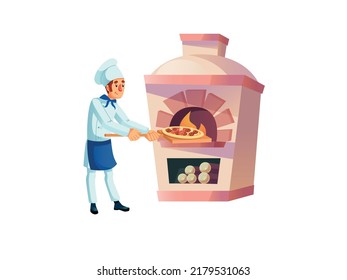 Vector cartoon flat man character chef cooks meal,baking pizza at open fire stove-traditional cuisine restaurant kitchen interior,professional food cooking workflow concept,web site banner ad design