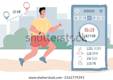 Vector cartoon flat man character runs in park,image of mobile sports app for training planning,data collection,timing,calorie consumption-sporty mobile apps use concept,web site ad banner design