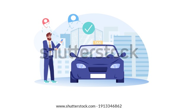 Vector cartoon flat man\
character order taxi,happy customer ordering online taxi with\
mobile phone app-car online service,web site banner ad,social media\
concept