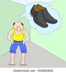 Vector cartoon flat man conceives, dreams of buying shoe. Barefoot male thinks about shoes