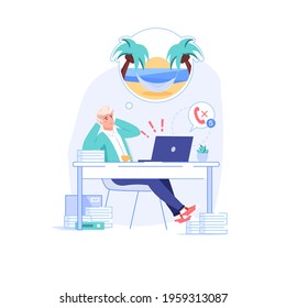 Vector cartoon flat manager office worker character procrastinating at workplace.Lazy bad employee dreams of vacation-procrastination,work productivity,workflow organization web site banner concept