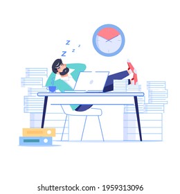 Vector cartoon flat manager office worker character procrastinating at workplace.Bad employee sleeping-procrastination,work productivity,workflow organization,deadline failure web site banner concept