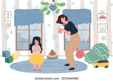 Vector cartoon flat mom character swears,yells at daughter,upset girl crying.Healthy family relationships,emotions,social behavior and psychology concept,web site banner ad design