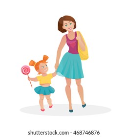 Vector cartoon flat mom and young daughter walking