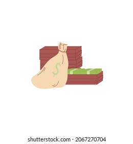 Vektor-Cartoon-Flachgeldbeutel und Illustration von Bargeldpaketen einzeln auf leerem Hintergrund, Finanzvermögen, Investitionen, Haushaltsgeldmanagement-Konzept, Online-Website und Bannerdesign