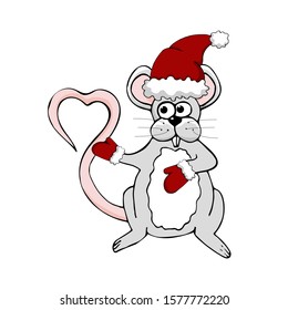 Vector cartoon flat mouse in santa claus hat and gloves. His tail has a heart shape. Christmas design elements.