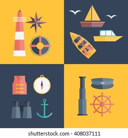 Vector cartoon flat nautical icons. Illustration cruise concept. Vector nautical sea ocean objects: lighthouse, compass, life vest, anchor, sailboat, captain sailor hat, lifebuoy, wheel, binoculars