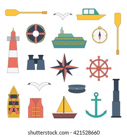 Vector cartoon flat nautical icons. Illustration cruise concept. Vector nautical sea ocean objects: lighthouse, compass, life vest, anchor, sailboat, captain sailor hat, lifebuoy, wheel, binoculars