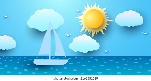 Vector cartoon flat ocean and white yacht on blue ocean shore 