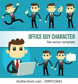 vector cartoon flat office guy hand drawn character template laptop thumbup happy pose