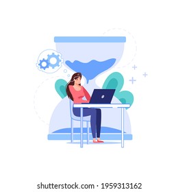 Vector cartoon flat office worker character at work,hourglass background.Good employee works on laptop,tries meet deadline-productivity,work stress situation,time management web site banner concept