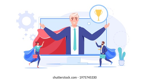 Vector cartoon flat office worker superhero character.Successful happy employee super hero controls everything from computer app screen-professional workflow,time management,web site banner concept