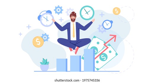 Vector cartoon flat office worker character meditates.Successful employee flies in yoga pose,controls everything,makes finance grow-professional workflow,time management,web site banner concept