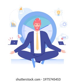 Vector cartoon flat office worker character,big clock,different tasks symbols.Happy employee meditates in yoga pose,controls everything-professional workflow,time management,web site banner concept