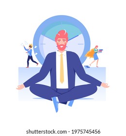 Vector cartoon flat office worker character,big clock,colleagues in panic.Happy employee meditates in yoga pose in midst of work chaos-professional workflow,time management,web site banner concept