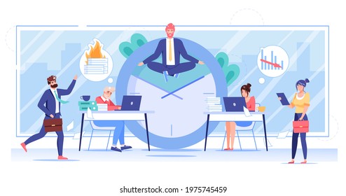 Vector cartoon flat office worker character flies in yoga pose.Happy employee levitates in office,controls everything in work chaos-professional workflow,time management,web site banner concept