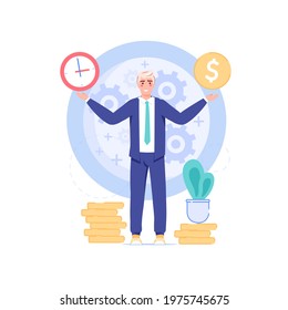 Vector cartoon flat office worker character and big clock.Successful happy employee controls everything,does all works in time-professional workflow,time management,web site banner concept