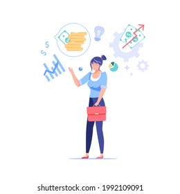 Vector cartoon flat office worker character performs work tasks.Successful employee controls everything,does all works in time perfectly-professional workflow,time management,web site banner concept