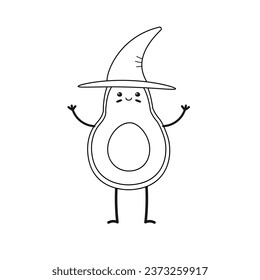 Vector cartoon flat outline Halloween avocado with witch hat isolated on white background