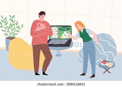 Vector cartoon flat pair of characters quarreling,arguing in gambling addiction conflict scene.Healthy personal relationships,emotions,social behavior and psychology concept,web site banner ad design