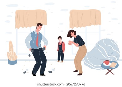 Vector cartoon flat parents characters quarreling about dad's low wage problem,while upset unhappy child watching.Family relationships,social behavior and psychology concept,web site banner ad design