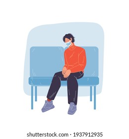 Vector cartoon flat patient character in face mask waiting doctor appointment-coronavirus covid infection disease prevention protection,diagnostics,treatment,therapy medical concept