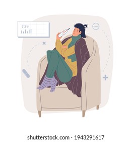 Vector cartoon flat patient character ill,sick person indoor at home quarantine self isolation-fever,coronavirus protection,covid,viral disease infection treatment and therapy medical concept