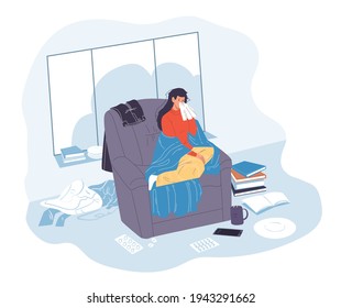Caricatura vectorial paciente plano enfermo, enfermo de aislamiento de cuarentena en casa - fiebre, coronavirus, tratamiento de infecciones por enfermedad y tratamiento médico