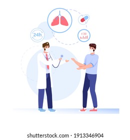 Vector cartoon flat patient,doctor characters in face masks.Physician character examines sick person man with viral infection-coronavirus medical treatment therapy,web online banner ad concept