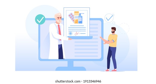 Vector cartoon flat patient,doctor characters at work.Physician character gives medications drugs to sick person from computer screen app-web online medical treatment therapy,telemedicine concept