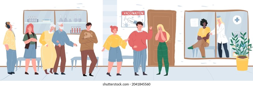 Vector cartoon flat patients characters waiting vaccination at doctor office-coronavirus covid infection disease prevention,diagnostics,treatment and therapy medical concept,web site banner ad design