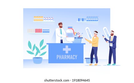 Vector cartoon flat patients,chemist doctor characters.Pharmacist character sells medication drugs to viral infection sick people-medical treatment therapy,pharmacy store,web banner ad concept