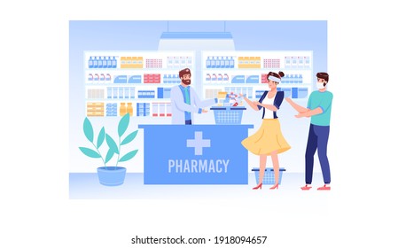 Vector cartoon flat patients,chemist doctor characters.Pharmacist character sells medication drugs to viral infection sick people-covid medical treatment therapy,pharmacy store,web banner ad concept