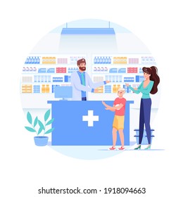 Vector cartoon flat patients,chemist doctor characters.Pharmacist physician character recommends sells medication drugs to family-medical treatment therapy,pharmacy store,web banner ad concept