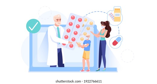 Vector cartoon flat patients,doctor characters.Physician character gives medications drugs to family in face masks from computer screen app-web online medical treatment therapy,telemedicine concept