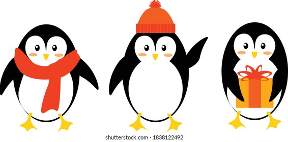 Vector cartoon flat penguins with scarf, hat and present
