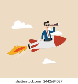 Vektor Cartoon flache Person fliegt hoch in den Himmel auf einer schnellen Rakete, arbeitet an einer neuen Idee oder Start-up, erfolgreiches Projekt isoliert auf weiß