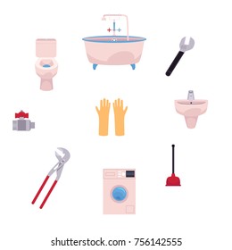 vector cartoon flat plumbing tools, equipment set. Bath tube, sink, washing machine, toilet bowl. Gloves, adjustable, pipe monkey wrench, water valve, plunger Isolated illustration white background